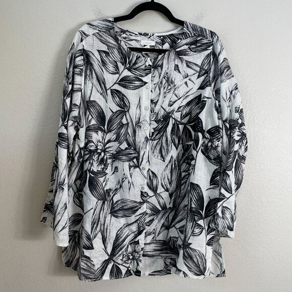 C&C California Womens Plus 1X 100% Linen Black White Floral Button Up Tunic Top - Picture 7 of 12